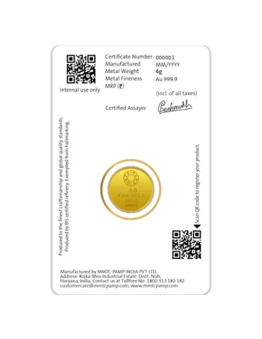 Buy MMTC buy Gold Coins of 4 Grams Gold  24 Karat in 9999 Purity Onlin