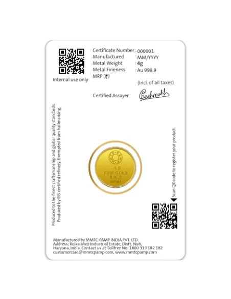 Buy MMTC buy Gold Coins of 4 Grams Gold  24 Karat in 9999 Purity Onlin