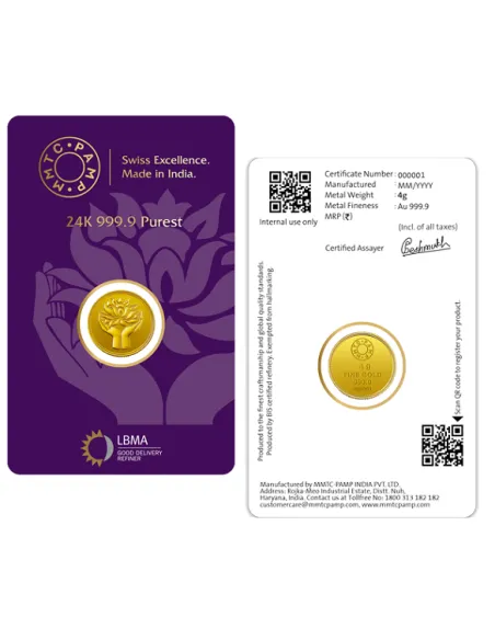 Buy MMTC buy Gold Coins of 4 Grams Gold  24 Karat in 9999 Purity Onlin