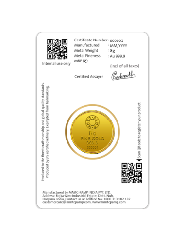 8 Gram Gold  Coin - MMTC-PAMP 24K (999.9 Purity) | Live Price Today |