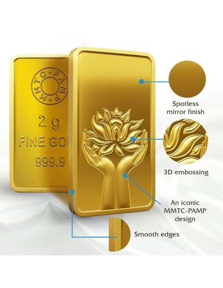 MMTC PAMP Gold Lotus Bar of 2 Gm 24 Karat in 999.9 Purity I CoinBazaar