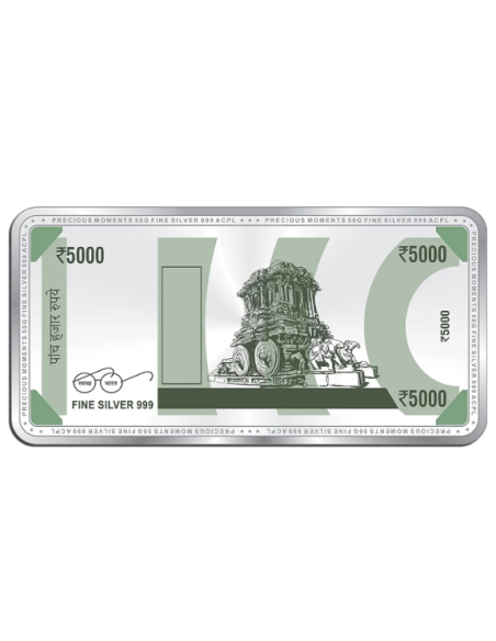 Precious Moments BIS Hallmarked 50 Gram Silver Currency Bar Rs.5000 in 999 Purity / Fineness by ACPL