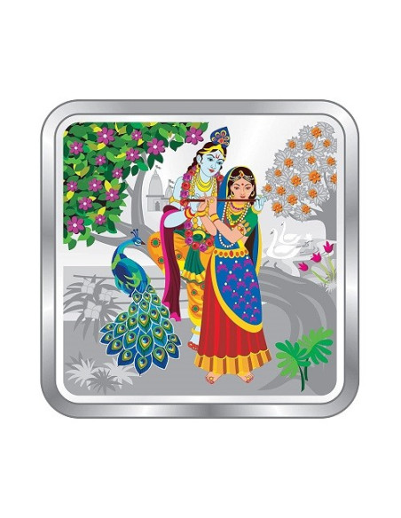 Precious Moments Colour Radha Krishna BIS Hallmarked Silver Square Coin Of 10 Gram in 999 Purity / Fineness by ACPL