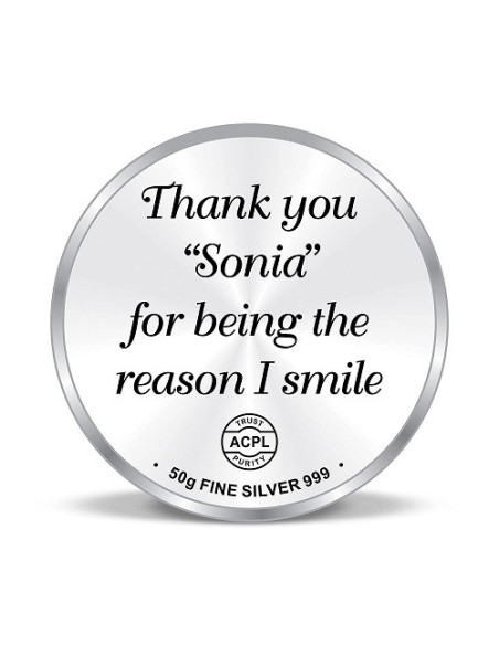Precious Moments Personalised BIS Hallmarked Thank You Silver Coin Of 50 Gram in 999 Purity / Fineness By ACPL