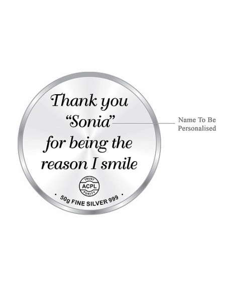 Precious Moments Personalised BIS Hallmarked Thank You Silver Coin Of 50 Gram in 999 Purity / Fineness By ACPL