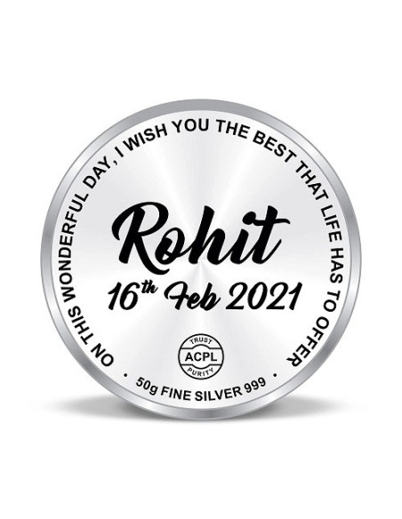 Precious Moments Personalised BIS Hallmarked Happy Birthday Silver Coin Of 50 Gram in 999 Purity / Fineness by ACPL