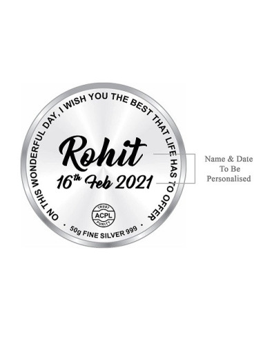 Precious Moments Personalised BIS Hallmarked Happy Birthday Silver Coin Of 50 Gram in 999 Purity / Fineness by ACPL