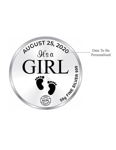 Precious Moments Personalised BIS Hallmarked New Born Baby Girl Silver Coin Of 50 Gram in 999 Purity / Fineness by ACPL