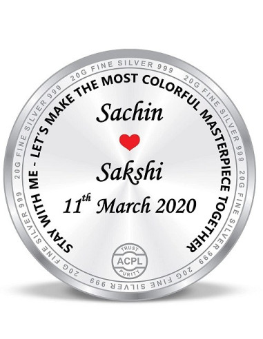 ACPL Personalised BIS Hallmarked Newly Married Silver Coin Of 20 Gram in 999 Purity / Fineness