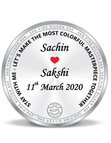 ACPL Personalised BIS Hallmarked Newly Married Silver Coin Of 20 Gram in 999 Purity / Fineness