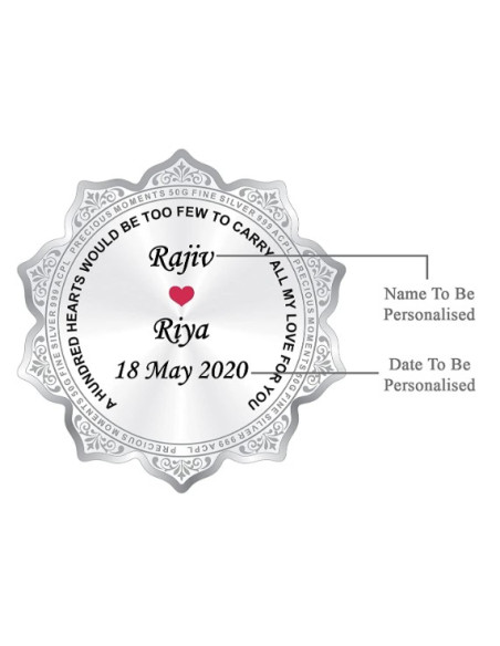 Precious Moments Personalised BIS Hallmarked Wedding Anniversary Silver Flower Shape Coin Of 50 Gram in 999 Purity by ACPL