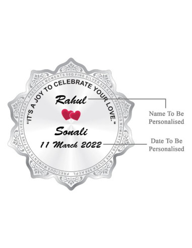 Precious Moments Personalised BIS Hallmarked Wedding Anniversary Silver Flower Shape Coin Of 50 Gram in 999 Purity by ACPL