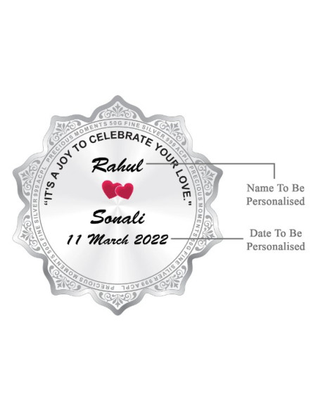 Precious Moments Personalised BIS Hallmarked Wedding Anniversary Silver Flower Shape Coin Of 50 Gram in 999 Purity by ACPL