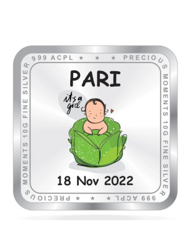 ACPL Personalised BIS Hallmarked New Born Baby Girl Silver Square Coin Of 10 Gram in 999 Purity / Fineness