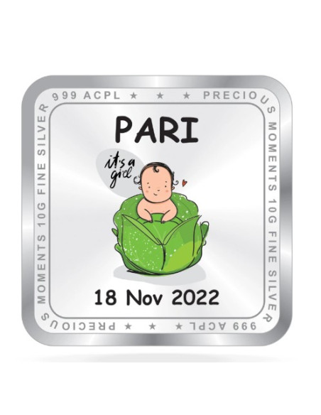 ACPL Personalised BIS Hallmarked New Born Baby Girl Silver Square Coin Of 10 Gram in 999 Purity / Fineness