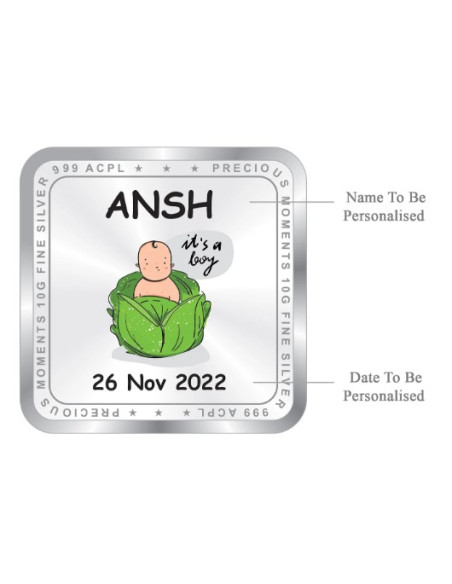 ACPL Personalised BIS Hallmarked New Born Baby Boy Silver Square Coin Of 10 Gram in 999 Purity / Fineness