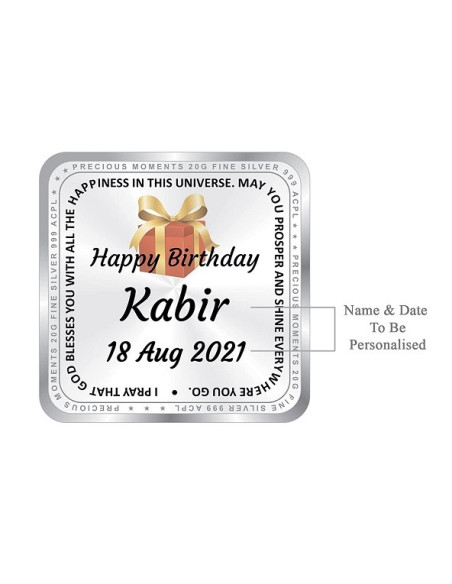 ACPL Personalised BIS Hallmarked Happy Birthday Silver Square Coin Of 20 Gram in 999 Purity / Fineness