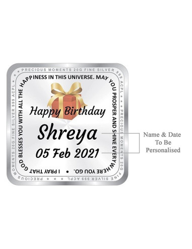 ACPL Personalised BIS Hallmarked Happy Birthday Silver Square Coin Of 20 Gram in 999 Purity / Fineness