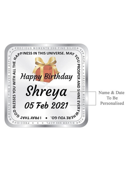 ACPL Personalised BIS Hallmarked Happy Birthday Silver Square Coin Of 20 Gram in 999 Purity / Fineness