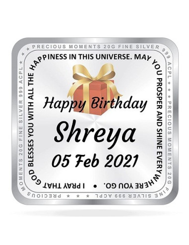 ACPL Personalised BIS Hallmarked Happy Birthday Silver Square Coin Of 20 Gram in 999 Purity / Fineness