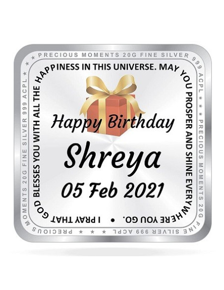 ACPL Personalised BIS Hallmarked Happy Birthday Silver Square Coin Of 20 Gram in 999 Purity / Fineness