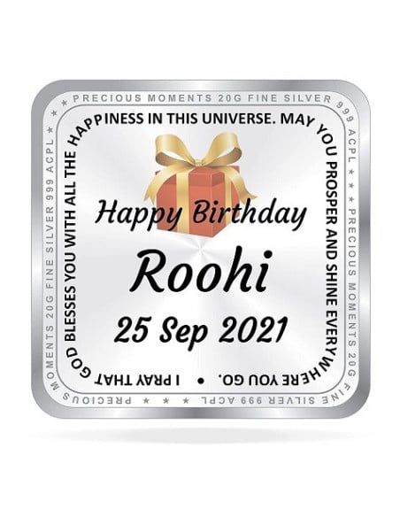 ACPL Personalised BIS Hallmarked Happy Birthday Silver Square Coin Of 20 Gram in 999 Purity / Fineness