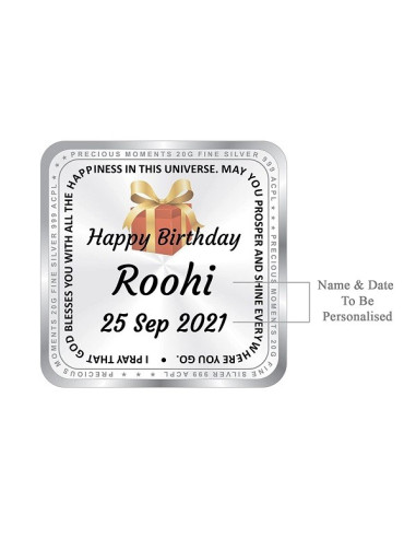 ACPL Personalised BIS Hallmarked Happy Birthday Silver Square Coin Of 20 Gram in 999 Purity / Fineness