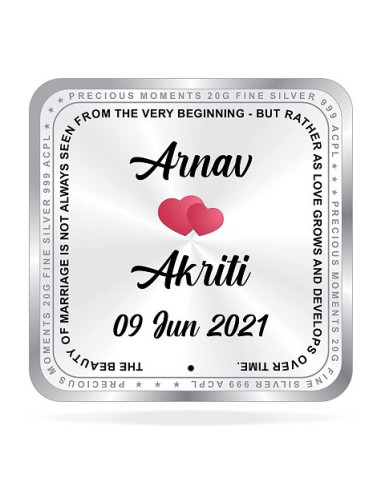 ACPL Personalised BIS Hallmarked Newly Married Silver Square Coin Of 20 Gram in 999 Purity / Fineness
