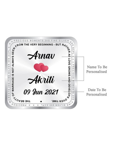 ACPL Personalised BIS Hallmarked Newly Married Silver Square Coin Of 20 Gram in 999 Purity / Fineness