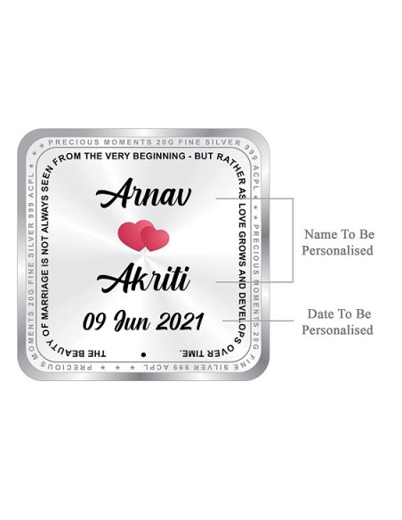 ACPL Personalised BIS Hallmarked Newly Married Silver Square Coin Of 20 Gram in 999 Purity / Fineness