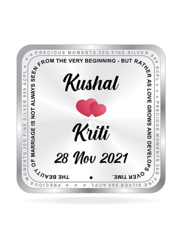 ACPL Personalised BIS Hallmarked Newly Married Silver Square Coin Of 20 Gram in 999 Purity / Fineness