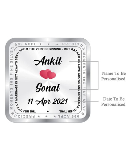 ACPL Personalised BIS Hallmarked Newly Married Silver Square Coin Of 10 Gram in 999 Purity / Fineness