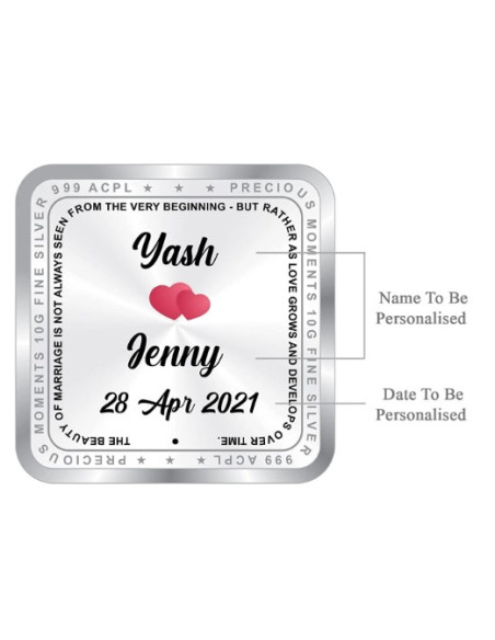 ACPL Personalised BIS Hallmarked NewMarried Silver Square Coin Of 10 Gram in 999 Purity / Fineness