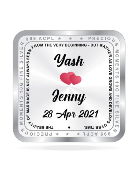 ACPL Personalised BIS Hallmarked NewMarried Silver Square Coin Of 10 Gram in 999 Purity / Fineness
