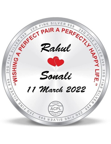 ACPL Personalised BIS Hallmarked Wedding Anniversaery Silver Coin Of 20 Gram in 999 Purity / Fineness