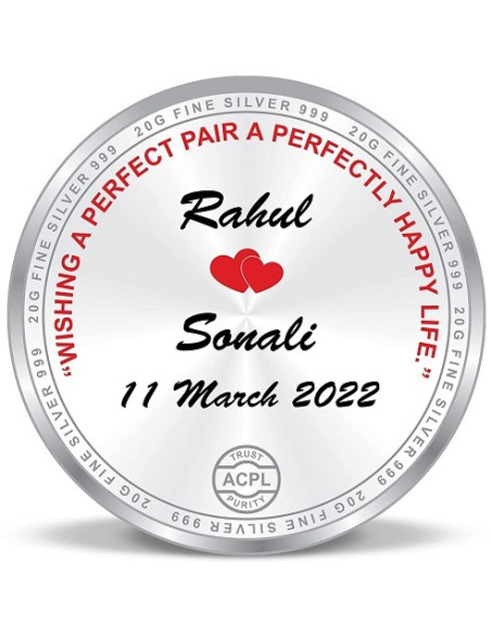 ACPL Personalised BIS Hallmarked Wedding Anniversaery Silver Coin Of 20 Gram in 999 Purity / Fineness