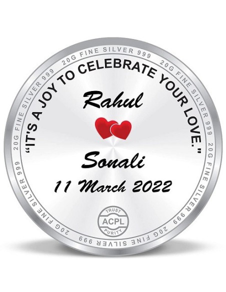 ACPL Personalised BIS Hallmarked Newly Married Silver Coin Of 20 Gram in 999 Purity / Fineness