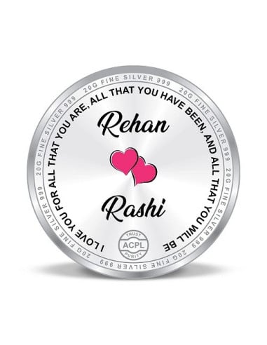 Precious Moments Personalised BIS Hallmarked Valentines Day Silver Coin Of 50 Gram in 999 Purity / Fineness By ACPL