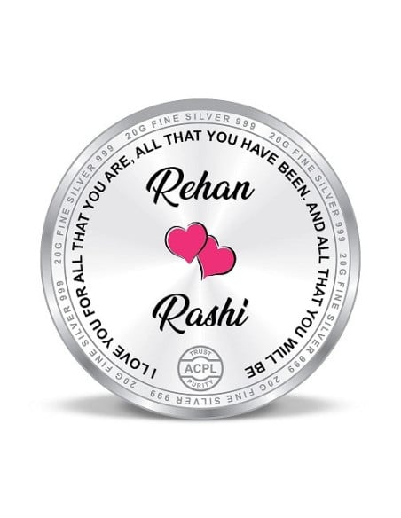 Precious Moments Personalised BIS Hallmarked Valentines Day Silver Coin Of 50 Gram in 999 Purity / Fineness By ACPL