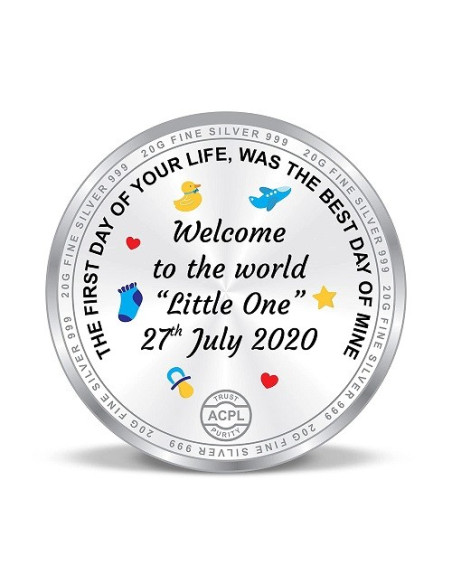 Precious Moments Personalised BIS Hallmarked New Born Baby Silver Coin Of 50 Gram in 999 Purity / Fineness by ACPL