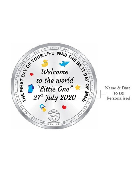 Precious Moments Personalised BIS Hallmarked New Born Baby Silver Coin Of 50 Gram in 999 Purity / Fineness by ACPL
