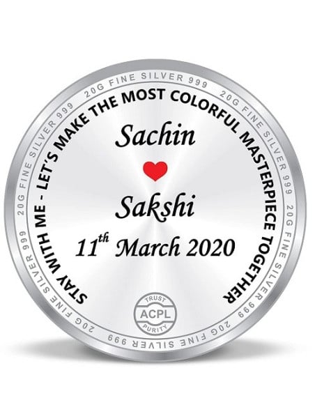ACPL Personalised BIS Hallmarked Newly Married Silver Coin Of 20 Gram in 999 Purity / Fineness