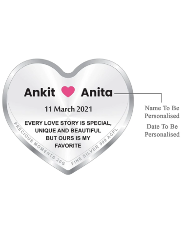 Precious Moments Personalised BIS Hallmarked New Married Silver Heart Shape Coin Of 20 Gram in 999 Purity by ACPL