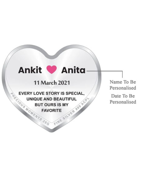 Precious Moments Personalised BIS Hallmarked New Married Silver Heart Shape Coin Of 20 Gram in 999 Purity by ACPL