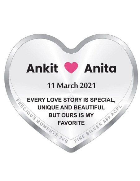 Precious Moments Personalised BIS Hallmarked New Married Silver Heart Shape Coin Of 20 Gram in 999 Purity by ACPL