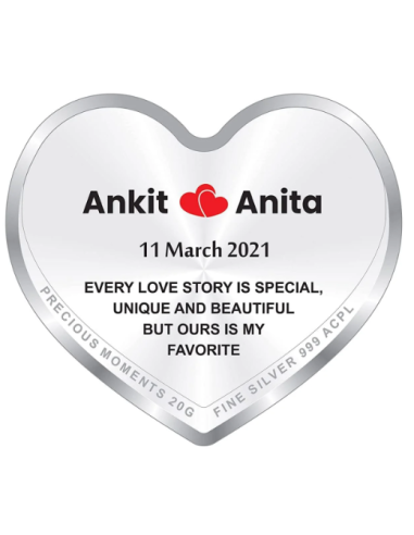 Precious Moments Personalised BIS Hallmarked Happy Anniversary Silver Heart Shape Coin Of 20 Gram in 999 Purity by ACPL