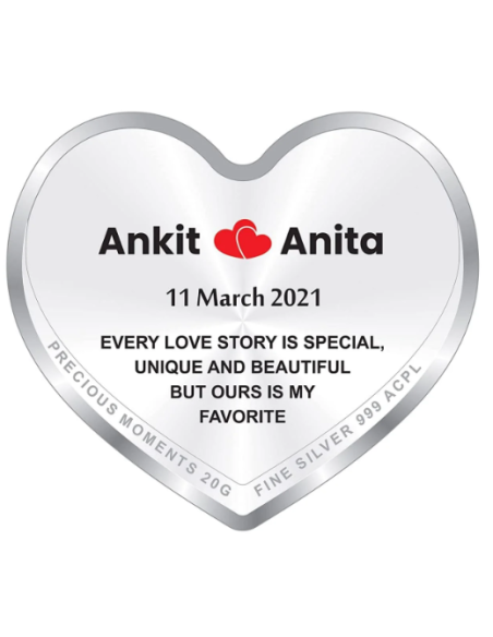 Precious Moments Personalised BIS Hallmarked Happy Anniversary Silver Heart Shape Coin Of 20 Gram in 999 Purity by ACPL