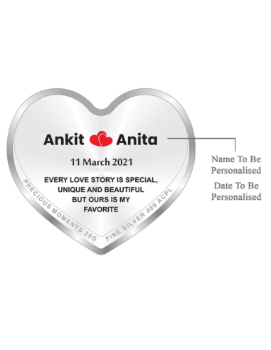 Precious Moments Personalised BIS Hallmarked Happy Anniversary Silver Heart Shape Coin Of 20 Gram in 999 Purity by ACPL