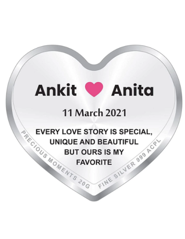 Precious Moments Personalised BIS Hallmarked New Married Silver Heart Shape Coin Of 20 Gram in 999 Purity by ACPL