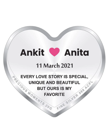 Precious Moments Personalised BIS Hallmarked New Married Silver Heart Shape Coin Of 20 Gram in 999 Purity by ACPL